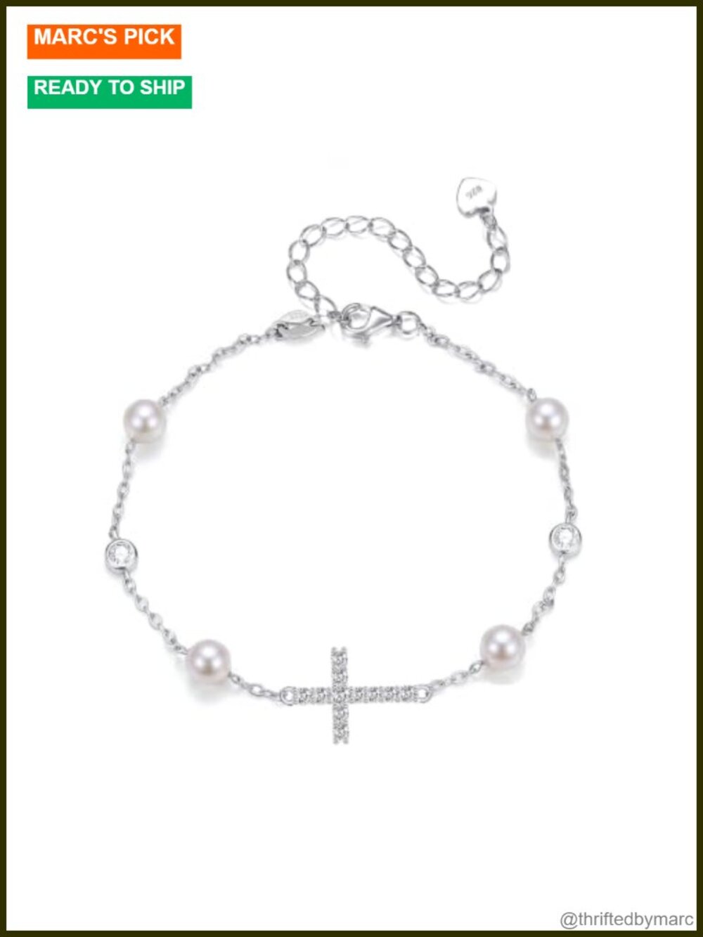 Sterling Silver Lab Grown Diamond Cross Pearl Station Bracelet Women